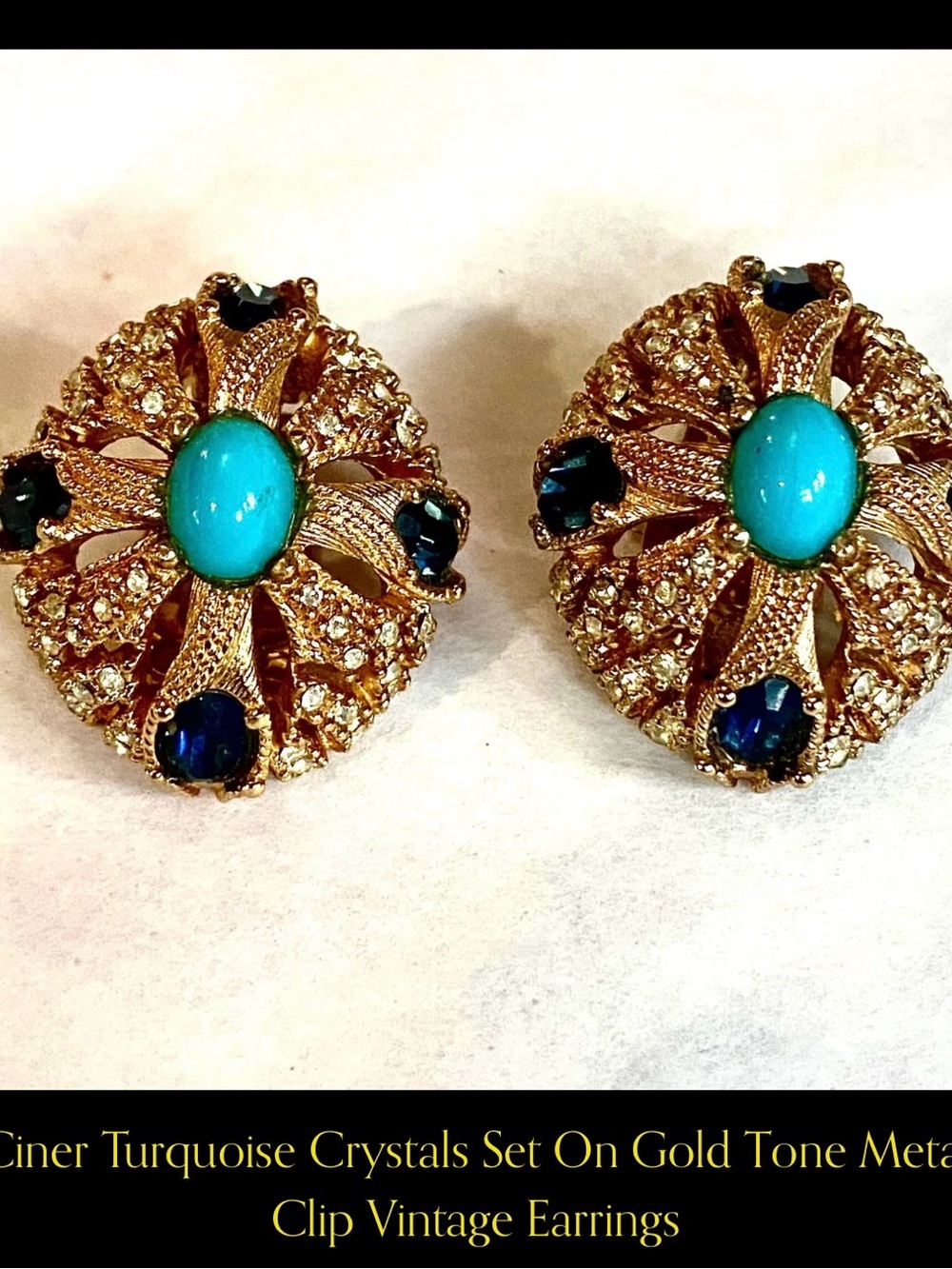 Gold-Tone Clip-On Earrings with Turquoise Center and Blue Crystal Accents